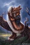  2018 4_toes 5_fingers anthro barefoot canine clothed clothing day detailed_background digital_media_(artwork) digitigrade eyes_closed flashw fox grass male mammal outside raining sitting solo toes 