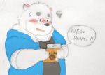  2018 anthro bear blush clothing english_text fur hoodie male mammal maron2475 overweight overweight_male polar_bear shirane_kan shirt solo text utau white_fur 