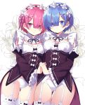  ass_visible_through_thighs black_shirt blue_eyes blue_hair commentary_request detached_sleeves garter_belt garter_straps hairband holding_hands kuhotaka maid multiple_girls no_pants panties pink_eyes pink_hair ram_(re:zero) re:zero_kara_hajimeru_isekai_seikatsu rem_(re:zero) shirt short_hair siblings sisters thigh_gap thighhighs twins underwear white_legwear white_panties yuri 