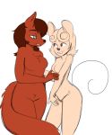  anthro anthro_on_anthro blue_eyes breasts brown_eyes brown_hair brown_nose buckteeth canine casual_nudity colored_sketch duo featureless_breasts featureless_crotch female female/female fluffy fluffy_tail fox front_view fur grin hair humanoid_hands interspecies long_tail mammal mouse nude orange_fur orange_tail pubes rainbowsprinklesart rodent smile standing tan_fur tan_hair teeth 