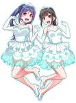  :d bangs black_eyes black_hair blue_hair blue_outline blush clenched_hands commentary_request dress elbow_gloves eyebrows_visible_through_hair gloves hands_up holding_hands lace looking_at_viewer love_live! love_live!_sunshine!! matsuura_kanan multiple_girls open_mouth ponytail purple_eyes round_teeth seiyuu seiyuu_connection shoes sidelocks simple_background smile suwa_nanaka teeth thank_you_friends!! tiara upper_teeth white_background white_dress white_footwear white_gloves yopparai_oni 