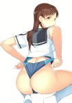  absurdres ass bangs blush breasts brown_eyes brown_hair eyebrows_visible_through_hair from_behind highres kneehighs long_hair looking_at_viewer looking_back medium_breasts mibu_natsuki open_mouth original parted_lips sailor_collar scan school_uniform shiny shiny_hair simple_background socks solo squatting swimsuit swimsuit_pull swimsuit_under_clothes thighs white_background white_legwear 