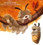 2018 ambiguous_gender antennae arthropod branch canine caterpillar countershading cryptid-creations cute digital_media_(artwork) dog duo feral fluffy fur humor hybrid insect leaves mammal motion_lines nude paws pun signature simple_background tan_fur text tongue tongue_out tree url visual_pun watermark white_background 