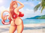  2019 anthro big_breasts big_butt breasts brown_hair butt clothing digital_media_(artwork) domestic_cat felid feline felis female green_eyes hair huge_breasts katrina_fowler lifeguard llmixll long_hair looking_at_viewer looking_back mammal pink_nose seaside smile solo swimsuit thick_thighs voluptuous water 