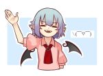  :d =_= arm_up ascot bat_wings blue_background blue_hair border brooch closed_eyes commentary cropped_torso dress facing_viewer fangs jewelry no_hat no_headwear open_mouth outline outside_border pink_dress pointy_ears puffy_short_sleeves puffy_sleeves red_neckwear remilia_scarlet short_sleeves simple_background smile solo touhou upper_body white_border white_outline wing_collar wings yoruny 