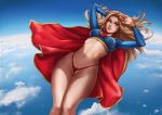  1girl absurdres armpits arms_up artist_name bare_legs blonde_hair blue_eyes breasts cape clouds crop_top dandon_fuga day dc_comics eyeliner eyeshadow floating_hair flying groin highres legs legs_together long_hair looking_at_viewer makeup medium_breasts midair midriff navel outdoors parted_lips pubic_hair pussy red_cape red_thong sky smile solo stomach supergirl superhero superman_(series) teeth thighs thong uncensored wedgie wind 