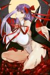  bb_(fate)_(all) bb_(swimsuit_mooncancer)_(fate) black_coat breasts commentary_request fate/grand_order fate_(series) hair_between_eyes hair_ribbon large_breasts leotard long_hair looking_at_viewer neck_ribbon one_knee purple_hair pvc_parfait red_eyes red_ribbon ribbon smile solo twitter_username very_long_hair white_leotard wide_sleeves 
