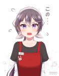  absurdres akatori_(redbird) akebono_(kantai_collection) alternate_costume apron arm_warmers artist_name bandana black_shirt bunny_pin dated fang flying_sweatdrops highres kantai_collection looking_at_viewer low_ponytail name_tag open_mouth ponytail purple_eyes purple_hair red_apron shirt solo white_background 