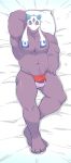  3_fingers 3_toes anthro anthrofied bed_sheet bedding blue_eyes blush bulge clothing fan_character front_view froslass hi_res looking_at_viewer male muscular muscular_male navel nintendo pecs pillow pok&eacute;ball pok&eacute;mon pok&eacute;mon_(species) seintaur solo thong toes video_games 