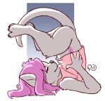  2017 4_toes 5_fingers anthro black_nose butt clothing cub digital_media_(artwork) eyes_closed female flat_chested foxotter fur hair long_hair mammal mustelid otter pink_hair pyravia rogerbutsmaller simple_background solo toes upside_down white_fur white_tail young 