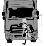  absurdres bag comic food food_in_mouth full_body greyscale ground_vehicle highres monochrome motor_vehicle mouth_hold original running satchel school_uniform serafuku shoes short_hair sketch socks toast toast_in_mouth translation_request truck velzhe 