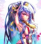  1girl adjusting_hair antenna_hair armpits arms_behind_head arms_up blazblue blazblue:_central_fiction blazblue_variable_heart blush bow breasts genderswap genderswap_(mtf) hairbow halter_top halterneck large_breasts long_hair mai_natsume pink_eyes ponytail purple_hair ribbon sideboob smile solo upper_body 
