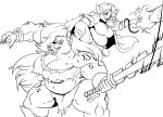  absurd_res action_pose anthro barbarian big_breasts breasts cat catfolk cleavage clothed clothing dungeons_&amp;_dragons duo ear_piercing eyebrow_piercing facial_piercing feline female fur gnoll hair happy hi_res hyena long_hair looking_back magic magic_user mammal melee_weapon midriff monochrome muscular muscular_female piercing pose riding short_stack size_difference slightly_chubby smaller_version_at_source spots spotted_fur tusks volkenfox weapon 