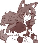  :3 animal_ear_fluff animal_ears bangs blush breasts brooch collarbone commentary dress english_commentary eyebrows_visible_through_hair hair_between_eyes imaizumi_kagerou jewelry long_hair long_sleeves looking_at_viewer medium_breasts monochrome simple_background skirt_hold sleeves_past_wrists smile solo tail touhou upper_body white_background wolf_ears wolf_tail wool_(miwol) 