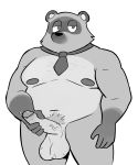  2018 animal_crossing anthro balls belly big_balls canine elfein erection humanoid_hands male mammal moobs navel necktie nintendo nipples overweight overweight_male penis simple_background tanuki tom_nook_(animal_crossing) video_games 