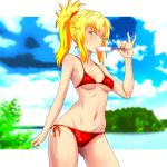  ass_visible_through_thighs bikini blonde_hair blush breasts fate/grand_order fate_(series) food green_eyes legs_apart looking_at_viewer medium_breasts mordred_(fate)_(all) mordred_(swimsuit_rider)_(fate) navel nike_(0306) ponytail popsicle red_bikini side-tie_bikini solo swimsuit tongue tongue_out 