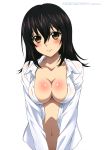  2018 absurdres black_hair blush breasts brown_eyes cleavage collarbone copyright_name dress_shirt hair_between_eyes head_tilt highres himeragi_yukina long_hair looking_at_viewer medium_breasts naked_shirt navel official_art open_clothes open_shirt shiny shiny_skin shirt simple_background smile solo strike_the_blood upper_body white_background white_shirt 