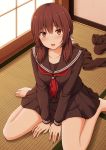  :d bangs barefoot between_legs blush bow brown_eyes brown_hair brown_legwear brown_sailor_collar brown_serafuku brown_shirt brown_skirt collarbone commentary_request eyebrows_visible_through_hair fingernails hair_between_eyes hair_bow hand_between_legs indoors long_hair long_sleeves looking_at_viewer low_twintails nakamura_sumikage neckerchief open_mouth original pleated_skirt red_neckwear sailor_collar school_uniform serafuku shirt sitting skirt smile solo sweat tatami thighhighs toenails twintails wariza white_bow 
