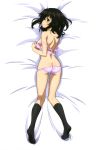  absurdres ass bed_sheet black_hair black_legwear bow bra breasts brown_eyes dakimakura from_above full_body highres himeragi_yukina kneehighs long_hair looking_at_viewer looking_back official_art open_bra panties panty_pull pink_bow pink_bra pink_panties shiny shiny_skin side_ponytail small_breasts solo strike_the_blood underwear underwear_only 