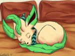  2018 ambiguous_gender black_nose coffeefly eeveelution feral fur green_ears leaf leafeon lying neckerchief nintendo pillow plant pok&eacute;mon pok&eacute;mon_(species) signature sleeping solo teeth video_games 