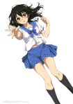  2018 absurdres black_hair black_legwear blue_bow blue_skirt blush bow bowtie brown_eyes collarbone copyright_name dress_shirt floating_hair from_above hair_between_eyes highres himeragi_yukina kneehighs long_hair looking_at_viewer lying midriff miniskirt navel official_art on_back open_mouth outstretched_arm pleated_skirt saikai_academy_uniform sailor_collar school_uniform shiny shiny_skin shirt short_sleeves simple_background skirt solo stomach strike_the_blood white_background white_shirt 