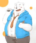  2018 anthro bear belly blush clothing fur hoodie humanoid_hands male mammal maron2475 necktie one_eye_closed overweight overweight_male pants polar_bear shirane_kan shirt solo utau white_fur wink 