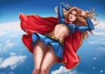  1girl absurdres armpits arms_up artist_name bare_legs belt blonde_hair blue_eyes blue_skirt breasts cape clouds crop_top dandon_fuga day dc_comics eyeliner eyeshadow floating_hair flying groin highres legs legs_together long_hair looking_at_viewer makeup medium_breasts midair midriff miniskirt navel no_panties outdoors parted_lips pussy pussy_juice red_cape skirt sky smile solo stomach supergirl superhero superman_(series) teeth thighs uncensored upskirt wet wind 
