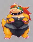  anthro barefoot black_clothing bowser bowsette_meme breasts clothed clothing colored_nails derek_hetrick dress female green_scales hair koopa mario_bros nintendo orange_hair pink_nails royalty scales scalie super_crown tongue tongue_out video_games what yellow_scales 