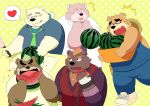  &lt;3 2018 anthro ashigara barghest bear brown_fur clothed clothing eating eyes_closed eyewear food fruit fur glasses group hat humanoid_hands jambavan male mammal melon mohawk necktie overalls overweight overweight_male pink_fur polar_bear rave_(housamo) shir0anko shirt straw_hat tokyo_afterschool_summoners volos watermelon white_fur 