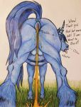  2018 anus blue_eyes butt cottoncandyalicorn_(artist) desperate desperation equine female feral hair horn mammal nipples nude omorashi open_mouth outside peeing pussy rear_view solo standing text tongue unicorn urine watersports 