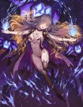  black_legwear blue_fire breasts brown_hair cape cleavage fire full_body highres jewelry long_hair looking_at_viewer monster navel necklace original outstretched_arms revealing_clothes rinmmo solo stitches tattoo thighhighs thighs 