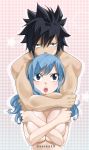  1boy 1girl bangs blue_eyes blue_hair breasts chain_necklace cleavage collarbone covering covering_breasts eyebrows_visible_through_hair fairy_tail gaston18 gray_fullbuster hair_between_eyes hug hug_from_behind juvia_lockser large_breasts long_hair looking_at_viewer mashima_hiro nude open_mouth spiked_hair swept_bangs underboob 