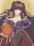  bangle bangs black_hair blunt_bangs bodystocking bodysuit bracelet breasts bridal_gauntlets circlet commentary_request covered_navel dress fire_emblem fire_emblem:_kakusei fire_emblem_heroes highres jewelry jivke long_hair looking_at_viewer purple_dress robe skin_tight smile tharja tiara two_side_up wedding_dress 