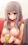  1girl blush breasts collarbone commentary_request couch cup grey_hair hair_ornament hair_over_shoulder hair_scrunchie holding holding_cup idolmaster idolmaster_cinderella_girls jewelry kanzaki_ranko large_breasts long_hair looking_at_viewer older purple_eyes ring scrunchie sitting smile solo_focus uraichishi wedding_band 
