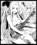  1girl :d angel angel_notes angel_wings bed black_border border breasts card cleavage closed_eyes collarbone dress greyscale guitar gun_god instrument long_hair looking_at_viewer medium_breasts monochrome music musical_note no_bangs on_bed open_mouth playing_card plectrum ponytail singing sitting sitting_on_bed smile syatey type-moon v/v very_long_hair wings 