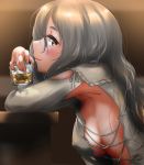  alcohol armpits blush breasts commentary_request covered_nipples from_side grey_hair highres ice kantai_collection large_breasts long_hair long_sleeves looking_at_viewer no_bra open_mouth partial_commentary pola_(kantai_collection) sideboob smile solo table tama_(seiga46239239) yellow_eyes 