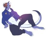  anthro clothed clothing erection flynx-flink hair hoodie horn humanoid_penis male penis precum scalie simple_background solo spread_legs spreading white_background 