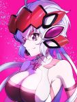  ahoge bangs bodysuit breasts cleavage cleavage_cutout commentary_request elbow_gloves gloves headgear highres large_breasts lavender_hair looking_to_the_side low_twintails making_of pink_background purple_eyes senki_zesshou_symphogear smirk solo symphogear_pendant tatsuki_(pizza_no_tempra) traditional_media twintails upper_body yukine_chris 