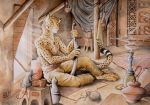  0laffson 2014 anthro barefoot cheetah clothed clothing detailed_background duo feline feral holding_object holding_weapon male mammal melee_weapon rat rodent sitting sword topless traditional_media_(artwork) weapon 