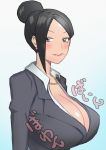 bijin_onna_joushi_takizawa-san black_hair blush breasts brown_eyes business_suit cleavage closed_mouth collared_shirt dress_shirt earrings formal gradient gradient_background hair_bun highres huge_breasts jewelry jpeg_artifacts looking_at_viewer luckfield mature mole mole_under_mouth necklace office_lady shirt simple_background solo suit takizawa_kyouko 