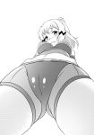  absurdres aimo_(aimo1214) blush breasts cameltoe covered_nipples greyscale highres large_breasts looking_at_viewer looking_down midriff monochrome navel open_mouth senki_zesshou_symphogear smile solo tachibana_hibiki_(symphogear) 