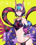  ban bare_shoulders breasts dudou eyeliner fate/grand_order fate_(series) gourd hair_ornament highres horns looking_at_viewer makeup navel oni ponytail purple_eyes purple_hair revealing_clothes short_hair shuten_douji_(fate/grand_order) shuten_douji_(halloween)_(fate) simple_background smile solo yellow_background 