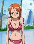  1girl animated animated_gif bikini black_eyes bounce bouncing_breasts breasts cleavage cloud earrings inoue_eisaku jewelry large_breasts nami_(one_piece) one_piece orange_hair palm_tree short_hair sky solo swimsuit tattoo tree 