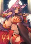  :d animal_ears aqua_eyes bare_shoulders black_legwear breasts cleavage dress eyebrows_visible_through_hair fang fate/grand_order fate_(series) full_moon highres huge_breasts jewelry kamaboko_(ossann0125) long_hair looking_at_viewer lying moon navel night night_sky on_back open_mouth purple_hair queen_of_sheba_(fate/grand_order) revealing_clothes sky smile solo star_(sky) starry_sky teeth thighhighs wolf_ears 