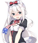  american_flag american_flag_print animal_ear_fluff animal_ears azur_lane bangs black_dress blush bow breasts cat_ears choker cleavage collarbone commentary_request dress eyebrows_visible_through_hair flag_print green_eyes hair_between_eyes hair_bow hammann_(azur_lane) head_tilt highres long_hair looking_at_viewer nose_blush olive_(laai) open_mouth print_neckwear puffy_short_sleeves puffy_sleeves red_bow red_choker short_sleeves silver_hair simple_background small_breasts solo upper_body very_long_hair white_background 