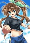  blue_eyes blush breasts brown_hair fuuka_reventon groin hair_ornament hair_ribbon lyrical_nanoha medium_breasts midriff navel open_mouth ponytail ribbon san-pon smile solo vivid_strike! 