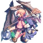  :d ahoge beize_(garbage) bow bowtie broom character_request dragon eyebrows_visible_through_hair fang full_body holding holding_broom loafers long_sleeves looking_at_viewer open_mouth pink_hair pleated_skirt shoes short_hair shoulder_pads skirt smile summon_night 