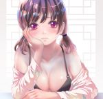  blush breasts brown_hair chin_rest cleavage floral_print frown indoors looking_at_viewer non_(6nezuuyamar9) original purple_eyes short_twintails sitting solo twintails upper_body 