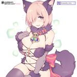  :3 :d animal_ears between_breasts breasts bright_pupils cleavage commentary_request dangerous_beast elbow_gloves fang fate/grand_order fate_(series) fishine flying_sweatdrops fur_trim gloves hair_over_one_eye hand_on_own_chest large_breasts looking_at_viewer mash_kyrielight navel open_mouth pink_hair purple_eyes purple_gloves purple_legwear saint_quartz short_hair sitting smile solo tail thighhighs white_pupils 