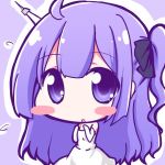  :o ahoge azur_lane bangs bare_shoulders big_head black_ribbon blush_stickers chibi commentary_request dress elbow_gloves eyebrows_visible_through_hair geo_(yukishitadou) gloves hair_between_eyes hair_ribbon long_hair looking_at_viewer one_side_up outline parted_lips purple_background purple_eyes purple_hair ribbon solo strapless strapless_dress unicorn_(azur_lane) very_long_hair white_dress white_gloves white_outline 